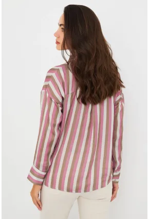 Kadın Ekru-Fuşya Desenli Saten Gömlek MSHR500