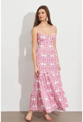 Kadın Ekru-Fuşya Sırt Dekolteli Desenli Maxi Elbise LİT110