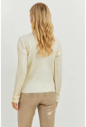 Kadın Ekru-Gold Düğme Detaylı Varaklı Triko Kazak SF2532