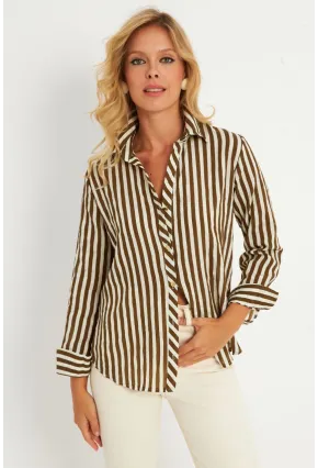 Kadın Ekru-Haki Çizgili Gömlek KED709