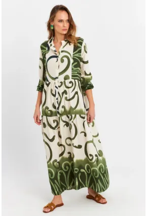 Kadın Ekru-Haki Desenli Salaş Maxi Elbise MASF0020