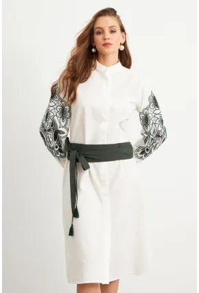 Kadın Ekru-Haki Nakış Detaylı Keten Gömlek Elbise MQS1839-90