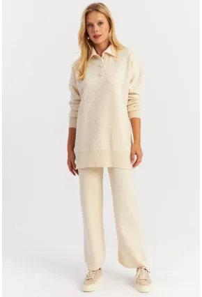 Kadın Ekru İnci Düğmeli Triko Alt Üst Takım NUV33