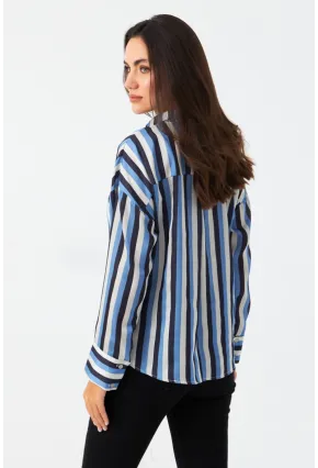 Kadın Ekru-İndigo Desenli Saten Gömlek MSHR500