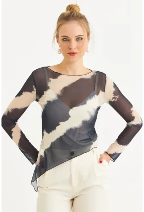 Kadın Ekru-İndigo Desenli Tül Bluz RSP1740