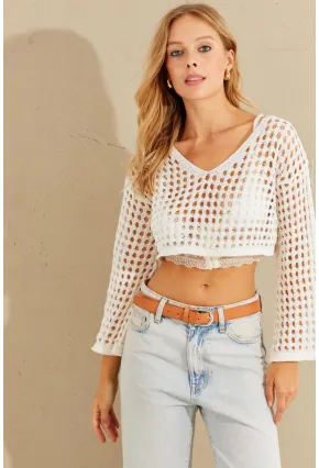 Kadın Ekru İspanyol Kol Ajurlu Triko Bluz YV203