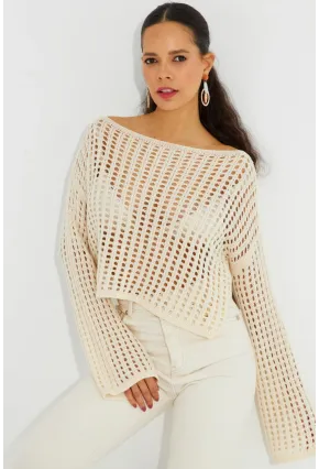 Kadın Ekru İspanyol Kol Ajurlu Triko Kısa Bluz SMT181