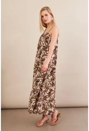 Kadın Ekru-Kahve Boyun Bağlamalı Midi Elbise AN6005