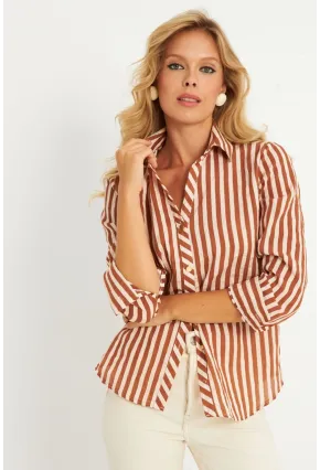Kadın Ekru-Kahve Çizgili Gömlek KED709