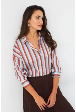 Kadın Ekru-Kahve Çizgili Saten Gömlek SHR9