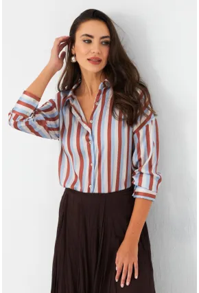 Kadın Ekru-Kahve Çizgili Saten Gömlek SHR9
