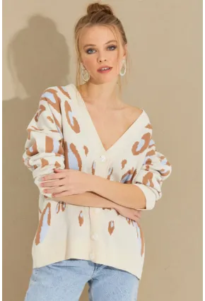 Kadın Ekru-Kahve Desenli Düğmeli Hırka KZ2495