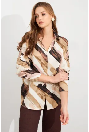 Kadın Ekru-Kahve Desenli Saten Gömlek MCAR1170