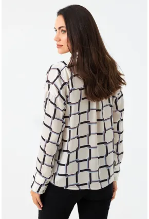 Kadın Ekru-Kahve Desenli Saten Gömlek MSHR500