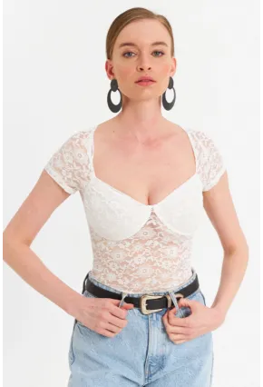 Kadın Ekru Kalp Yaka Tül Crop Bluz TPG05