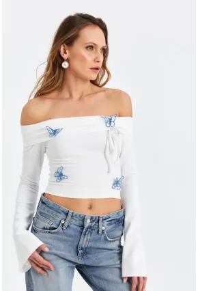 Kadın Ekru Kelebek Detaylı Madonna Yaka Bluz FLU7196