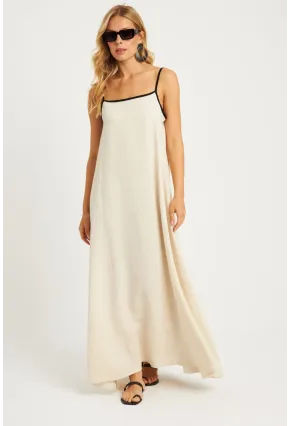 Kadın Ekru Keten Midi Elbise GÇ174