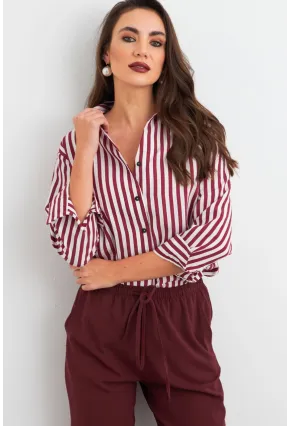 Kadın Ekru-Kiremit Çizgili Salaş Gömlek ELA6932