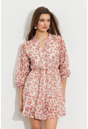 Kadın Ekru-Kırmızı Desenli Şifon Mini Elbise ROP107