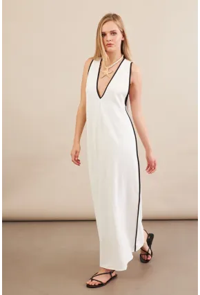 Kadın Ekru Kontrast Çizgili Maxi Keten Elbise MSİ101