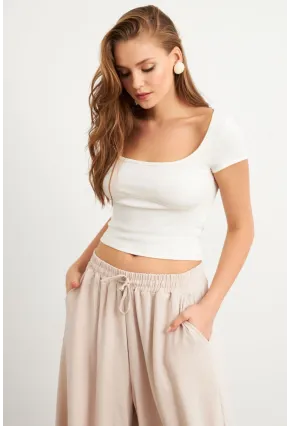 Kadın Ekru Kontrast Dikişli Bluz RX451