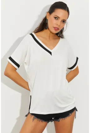 Kadın Ekru Kontrast T-Shirt ST396