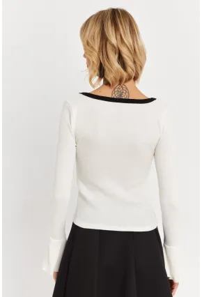 Kadın Ekru Kontrast Yaka İspanyol Kol Bluz ALB3105