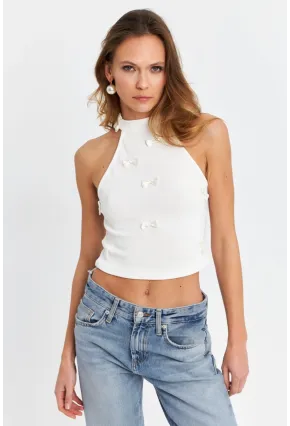 Kadın Ekru Kurdele Detaylı Halter Yaka Bluz MTK13231