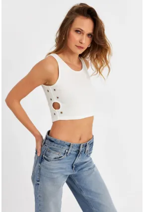 Kadın Ekru Küş Gözlü Crop Bluz ANT101