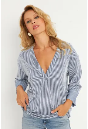 Kadın Ekru-Lacivert Çizgili Cepli Sweatshirt TF01