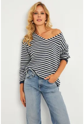 Kadın Ekru-Lacivert V Yaka Triko Salaş Bluz YV283