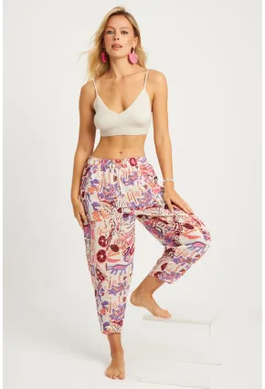 Kadın Ekru-Lila Desenli Keten Şalvar Pantolon K1253