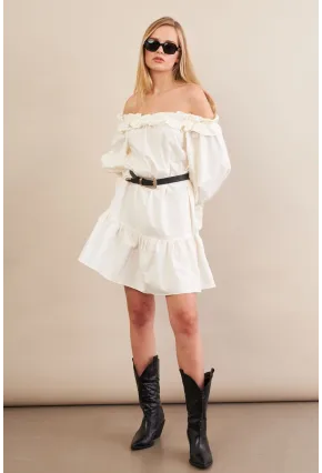 Kadın Ekru Madonna Yaka Midi Elbise PSG1012