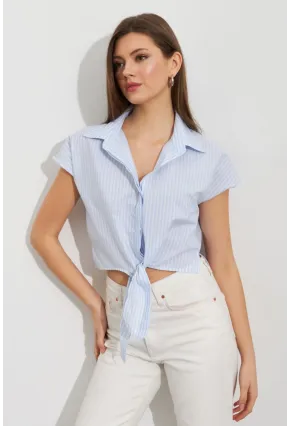 Kadın Ekru-Mavi Çizgili Bağlamalı Crop Gömlek MPC306
