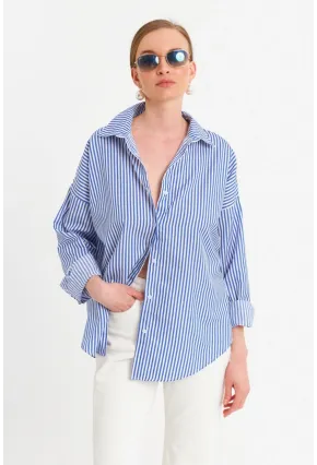 Kadın Ekru-Mavi Çizgili Gömlek ZER425