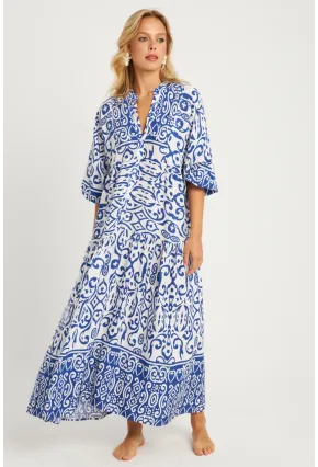 Kadın Ekru-Mavi Desenli Midi Elbise GÇ169