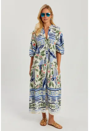 Kadın Ekru-Mavi Desenli Salaş Maxi Elbise GÇ166