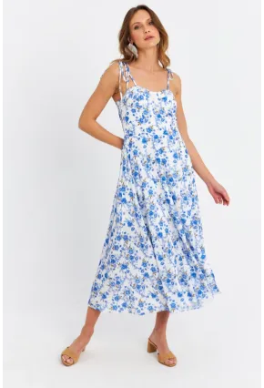 Kadın Ekru-Mavi İp Askılı Çiçekli Midi Elbise ERL10013