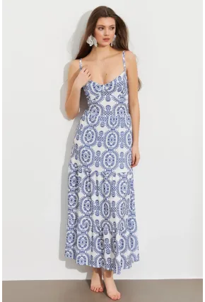 Kadın Ekru-Mavi Sırt Dekolteli Desenli Maxi Elbise LİT110