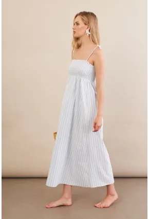 Kadın Ekru-Mavi Straplez çizgili Plaj Elbisesi OR502