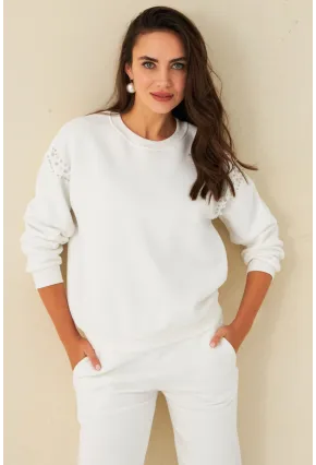 Kadın Ekru Omuzları İnci Detaylı Sweatshirt DY1424