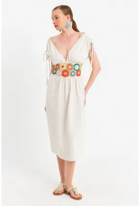 Kadın Ekru Ön Arka V Nakışlı Midi Elbise ELT180