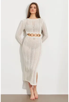 Kadın Ekru Önü Pencereli Ajurlu Plaj Elbisesi KZ545