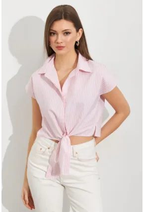 Kadın Ekru-Pembe Çizgili Bağlamalı Crop Gömlek MPC306