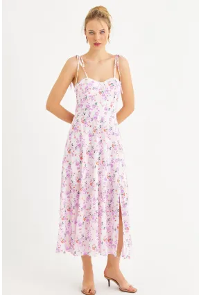 Kadın Ekru-Pembe İp Askılı Çiçekli Midi Elbise ERL10013