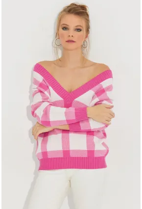 Kadın Ekru-Pembe V Yaka Ekose Triko Kazak TH1102