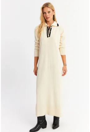 Kadın Ekru Polo Yaka Triko Maxi Elbise MNUV17