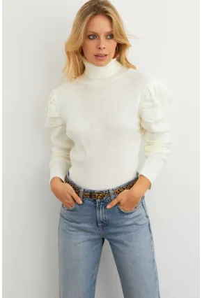 Kadın Ekru Prenses Kol Balıkçı Yaka Triko Bluz MSF2555