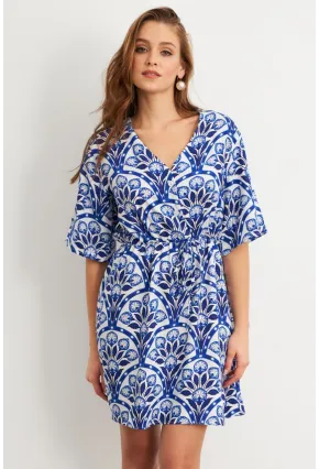 Kadın Ekru-Saks Desenli Mini Elbise Q1006