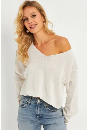 Kadın Ekru Salaş Kısa Triko Bluz YV281